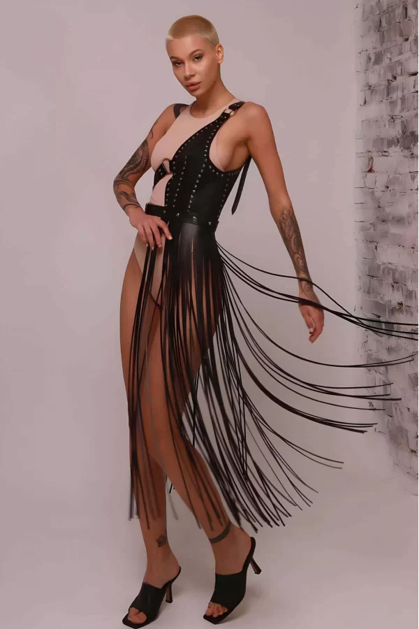 Püsküllü Deri Ceket Harness, Püsküllü Seksi Deri Harness - Brf1014
