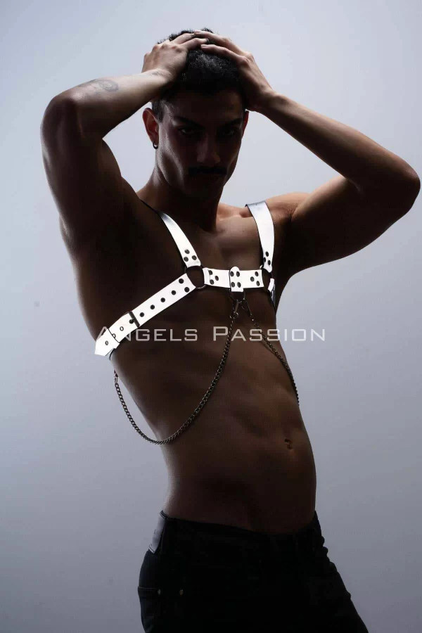 Reflektörlü (karanlıkta Parlayan) Zincir Detaylı Şık Erkek  Göğüs Harness, Reflektörlü Clubwear - Brfm109