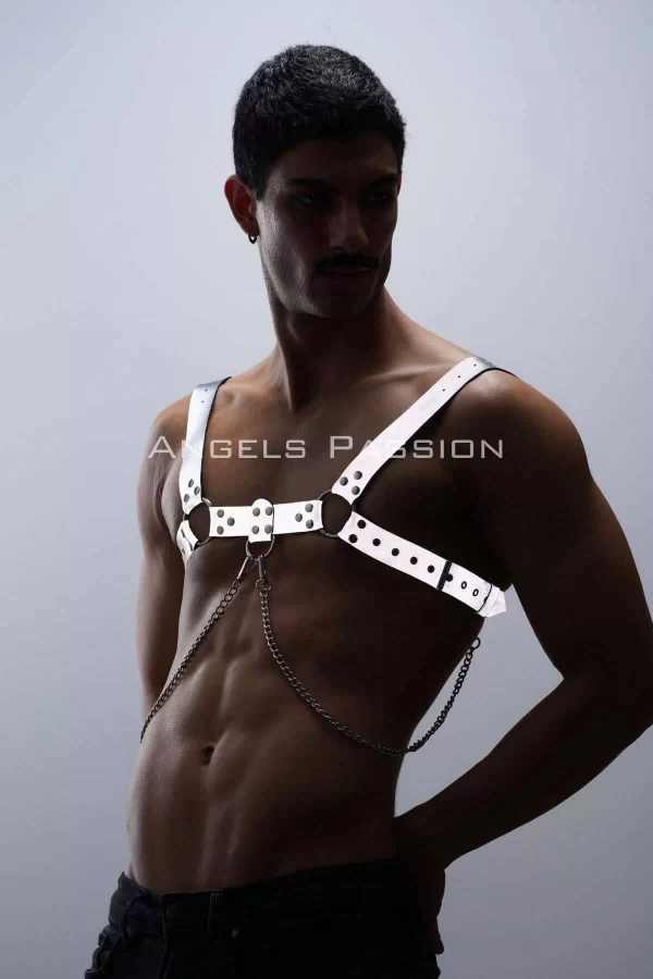 Reflektörlü (karanlıkta Parlayan) Zincir Detaylı Şık Erkek  Göğüs Harness, Reflektörlü Clubwear - Brfm109