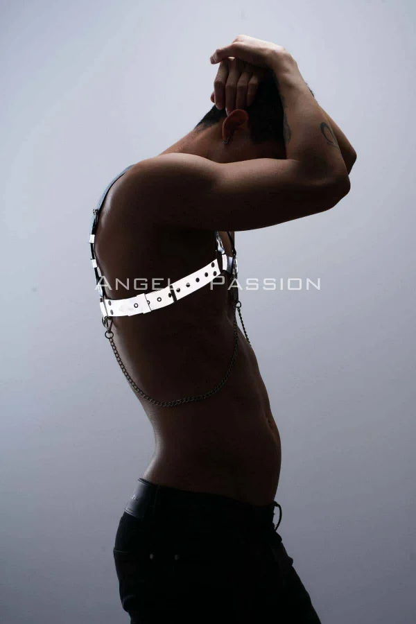 Reflektörlü (karanlıkta Parlayan) Zincir Detaylı Şık Erkek  Göğüs Harness, Reflektörlü Clubwear - Brfm109