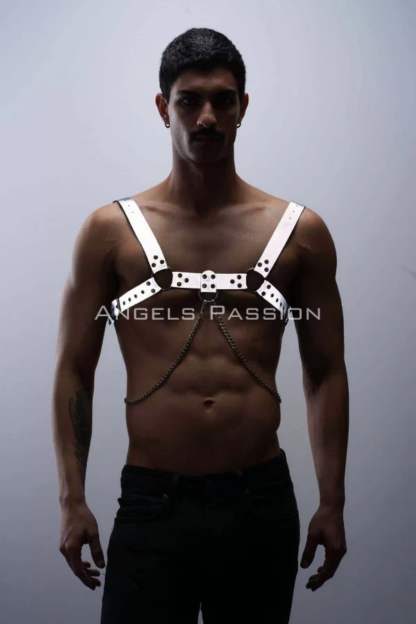 Reflektörlü (karanlıkta Parlayan) Zincir Detaylı Şık Erkek  Göğüs Harness, Reflektörlü Clubwear - Brfm109