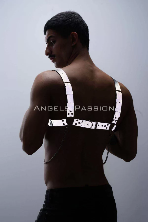 Reflektörlü (karanlıkta Parlayan) Zincir Detaylı Şık Erkek  Göğüs Harness, Reflektörlü Clubwear - Brfm109
