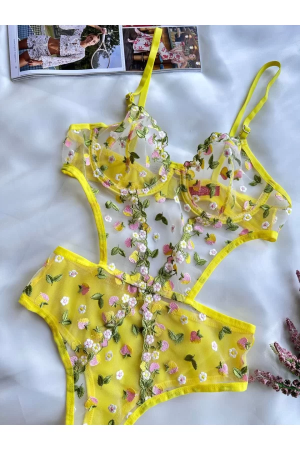 Sarı Çiçek Desenli Bodysuit