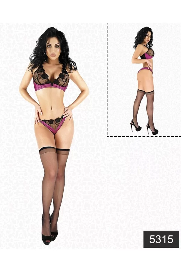 Saten Dantelli Fantazi Çorap Sütyen Tanga Set