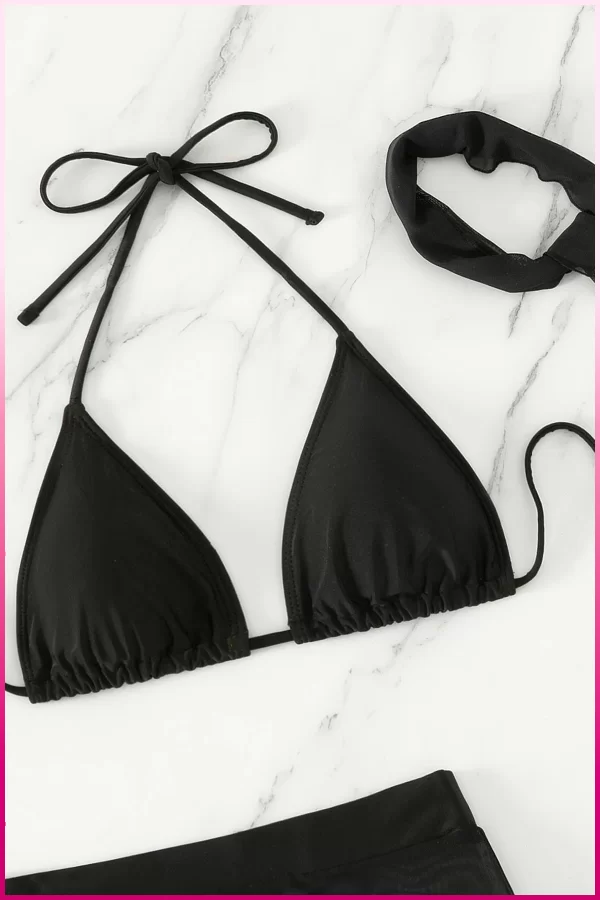 Siyah Askılı Bikini Takımı + Ayarlanabilir Büzgülü Etek – Tatil Stili