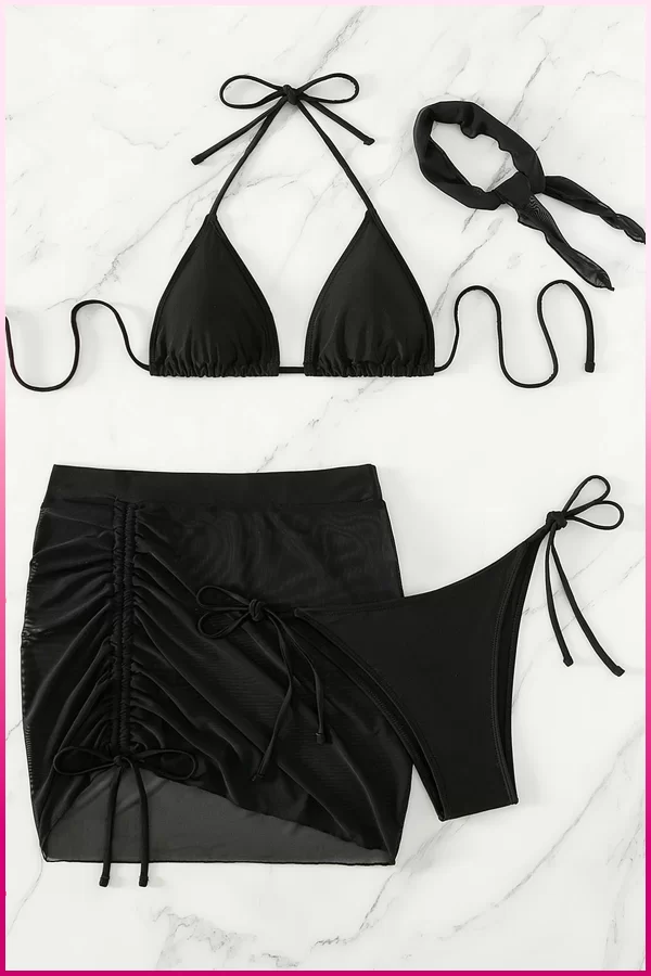 Siyah Askılı Bikini Takımı + Ayarlanabilir Büzgülü Etek – Tatil Stili