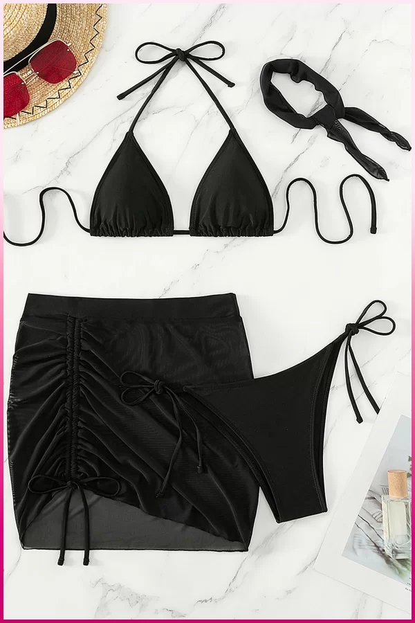 Siyah Askılı Bikini Takımı + Ayarlanabilir Büzgülü Etek – Tatil Stili