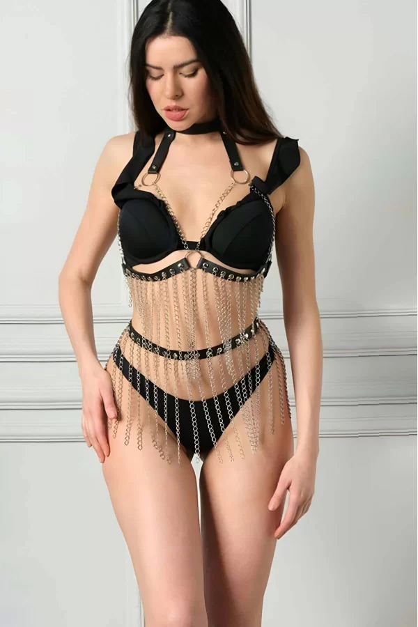 Siyah Deri Zincirli Harness Takım - Brf504