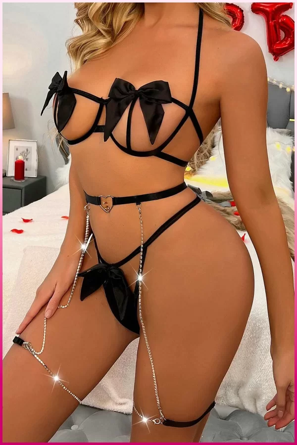 Siyah Göğüs Fiyonklu Balenli Seksi Jartiyer Takım