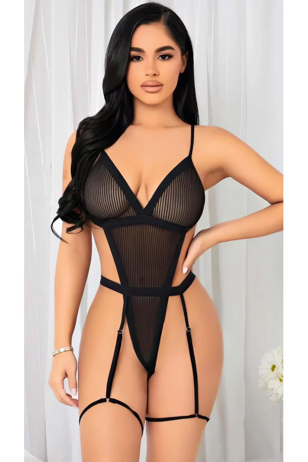 Siyah İp Detaylı Tül Fantezi Body