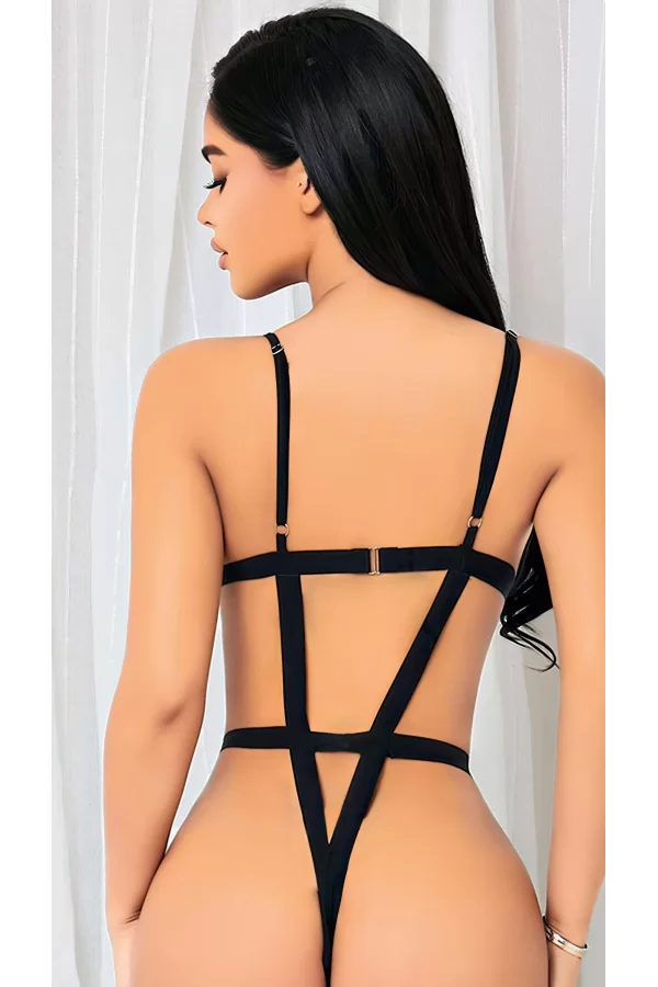 Siyah İp Detaylı Tül Fantezi Body