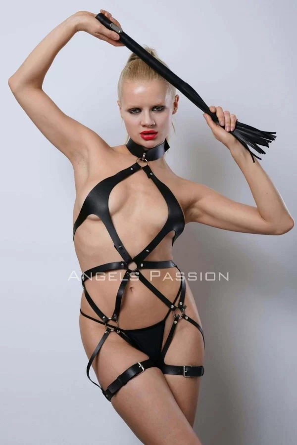 Siyah Kırbaçlı Deri Harness, Full Body Deri Harness, Erotik Deri İç Giyim - Brf1348