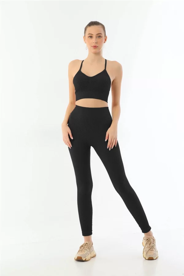 Siyah Mı Emay 3921 Soft Seamless Ripli Tayt Yoga Takımı