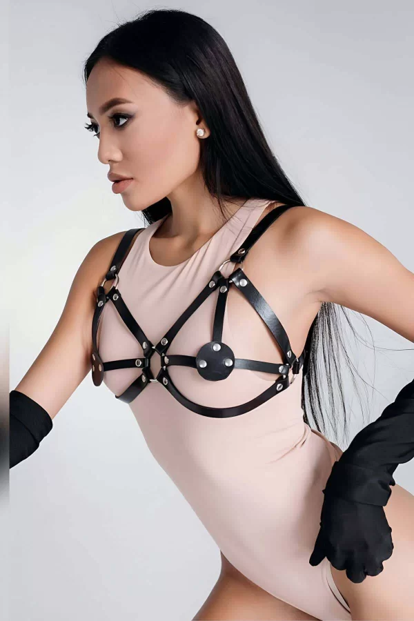 Siyah Seksi Deri Harness Sütyen - Brf112