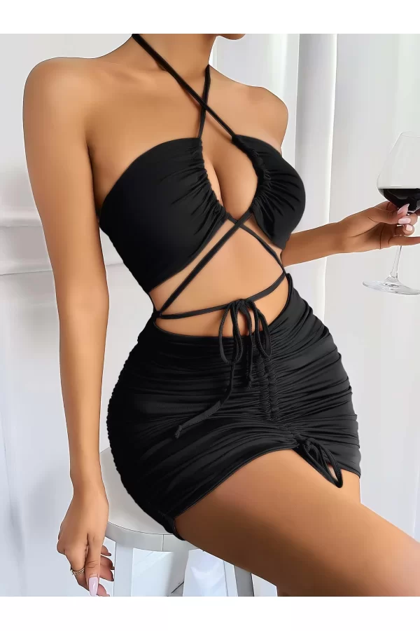Siyah Şık Fantezi Clup Elbisesi 6682
