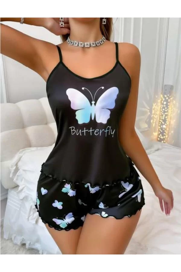 Siyah Üstüne Kelebek Desenli Askılı Şortlu Pijama Takımı