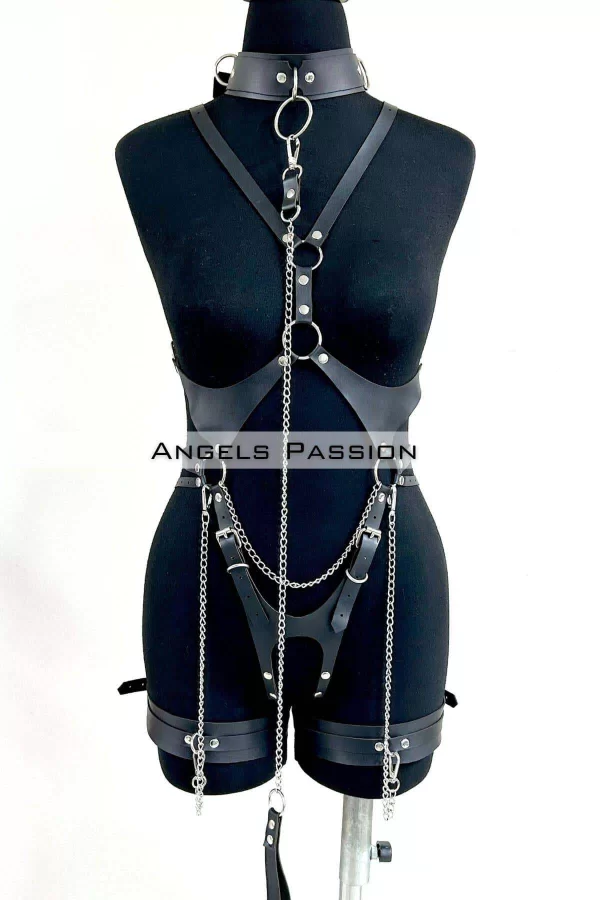 Tasma Ve Zincir Detaylı Şık Deri Harness, Deri Fantezi Giyim- Brf1225