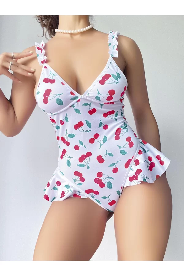Vişne Desenli Fantezi Body