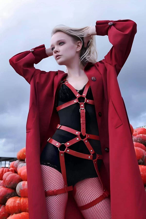 Vücudu Saran Kırmızı Deri Harness Fantazi Giyim - Brf750