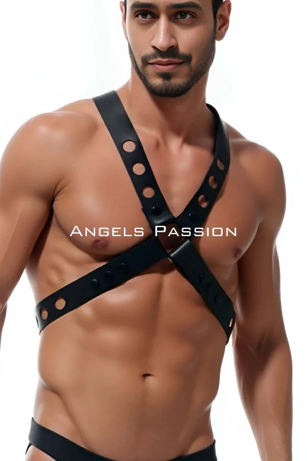 Yuvarlak Detaylı X Harness - Şık Erkek  Göğüs Harness, Deri Harness - Brfm219