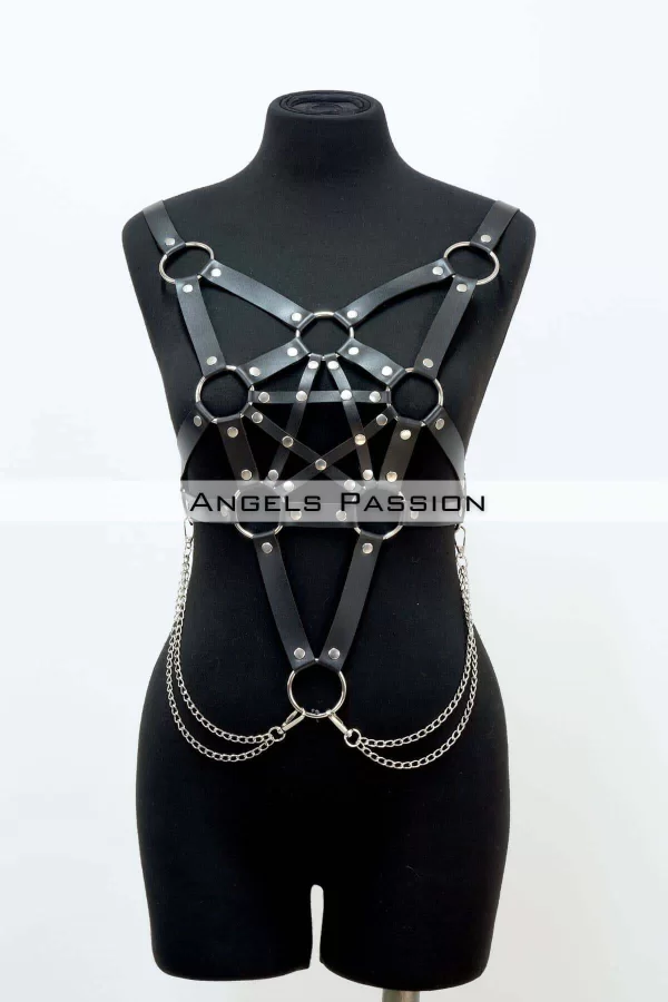 Zincir Detaylı Şık Deri Göğüs Harness, Büstiyer Harness, Deri Göğüs Harness- Brf1399