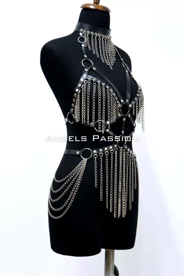 Zincirli Deri Harness, Deri Dansçı Kostüm, Choker Detaylı Deri Harness - Brf1397