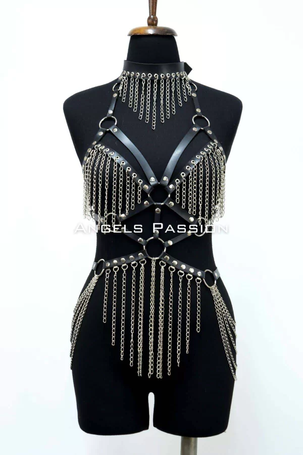 Zincirli Deri Harness, Deri Dansçı Kostüm, Choker Detaylı Deri Harness - Brf1397