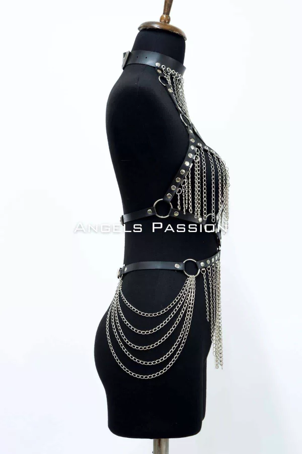 Zincirli Deri Harness, Deri Dansçı Kostüm, Choker Detaylı Deri Harness - Brf1397