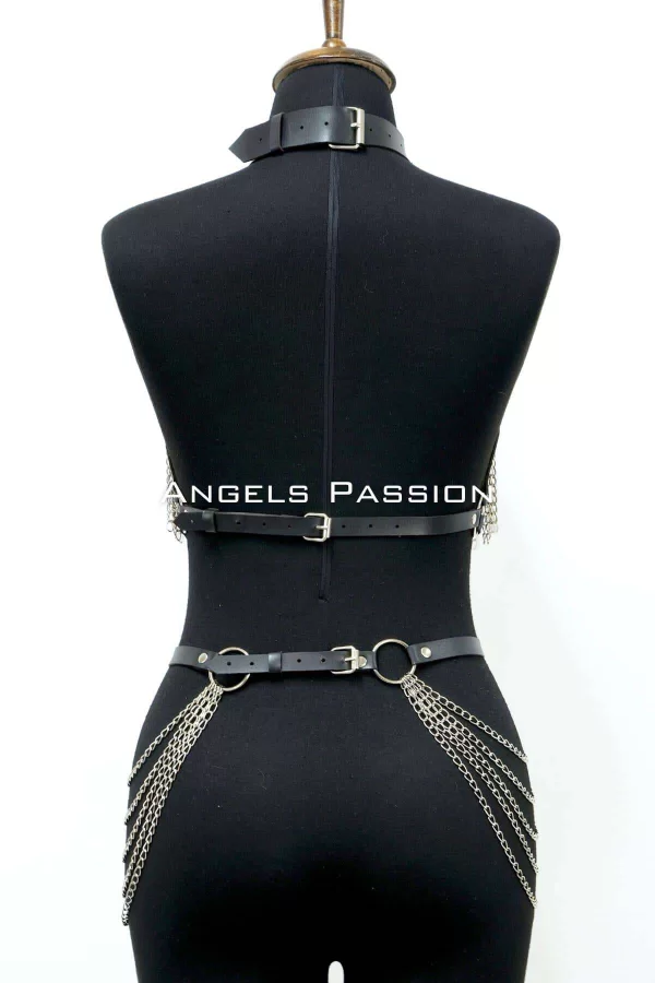 Zincirli Deri Harness, Deri Dansçı Kostüm, Choker Detaylı Deri Harness - Brf1397