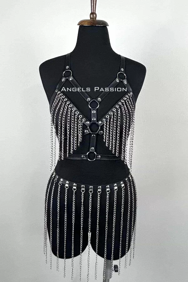 Zincirli Harness Takım, Deri Zincirli Etek Takım - Brf496