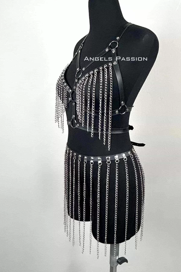Zincirli Harness Takım, Deri Zincirli Etek Takım - Brf496