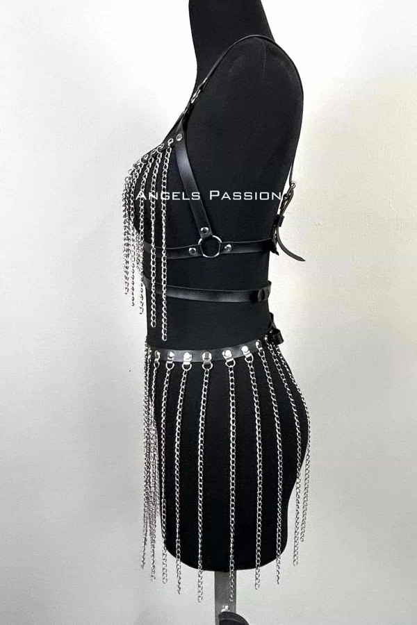 Zincirli Harness Takım, Deri Zincirli Etek Takım - Brf496