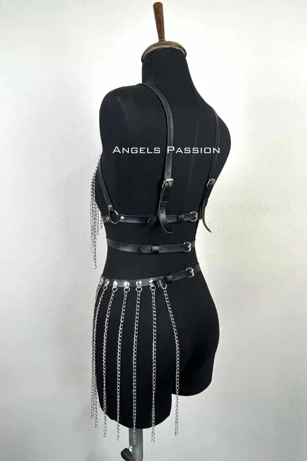 Zincirli Harness Takım, Deri Zincirli Etek Takım - Brf496