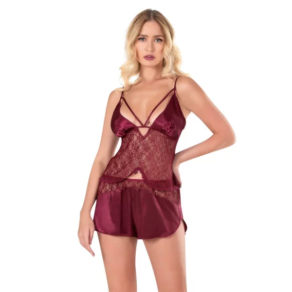 Bordo Saten Babydoll Şort Takımı