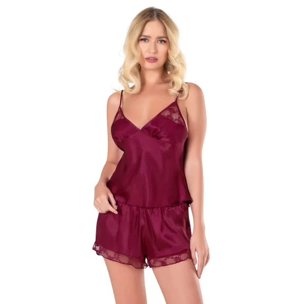 Bordo Saten Babydoll Şort Takımı