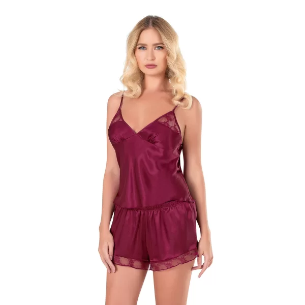 Bordo Saten Babydoll Şort Takımı