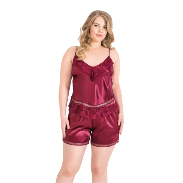 Büyük Beden Bordo Saten Babydoll Şort Takımı