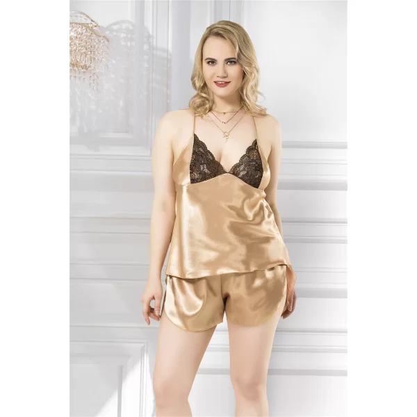 Büyük Beden Gold Saten Babydoll Şort Takımı