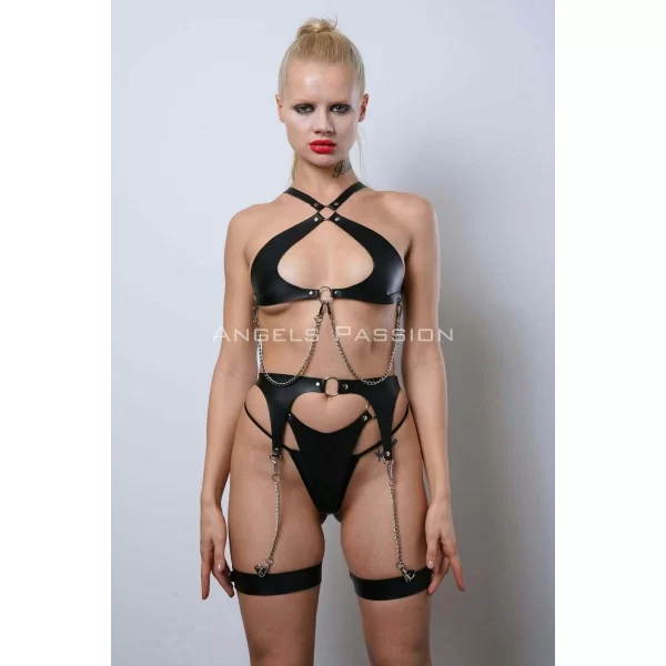 Deri Fantezi İç Giyim Takım, Şık Deri Harness Set, Club Wear - Apft1330