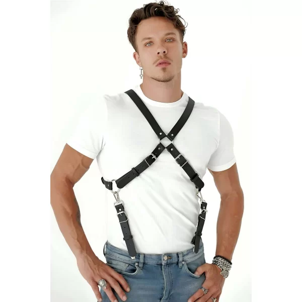 Göğüs Detaylı Arkadan Bağlamalı Erkek Deri Harness - Brfm84