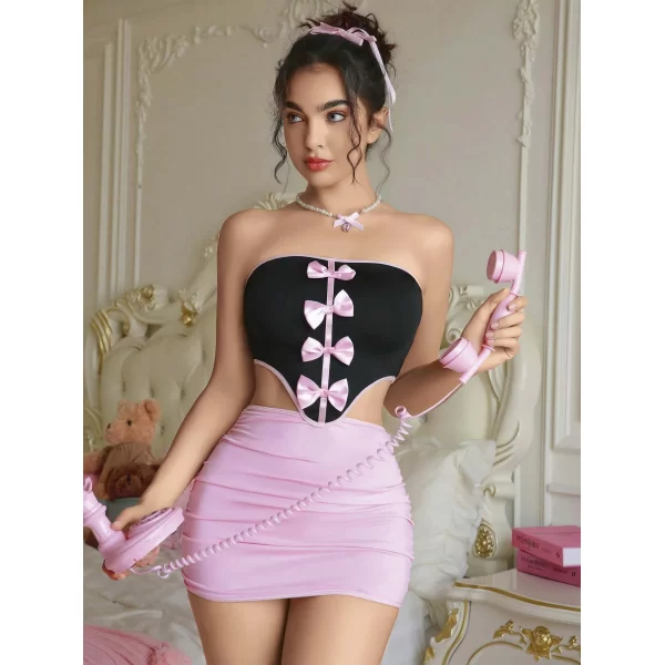 Kadın Pembe Etekli Fiyonk Detaylı Sexy Kostüm