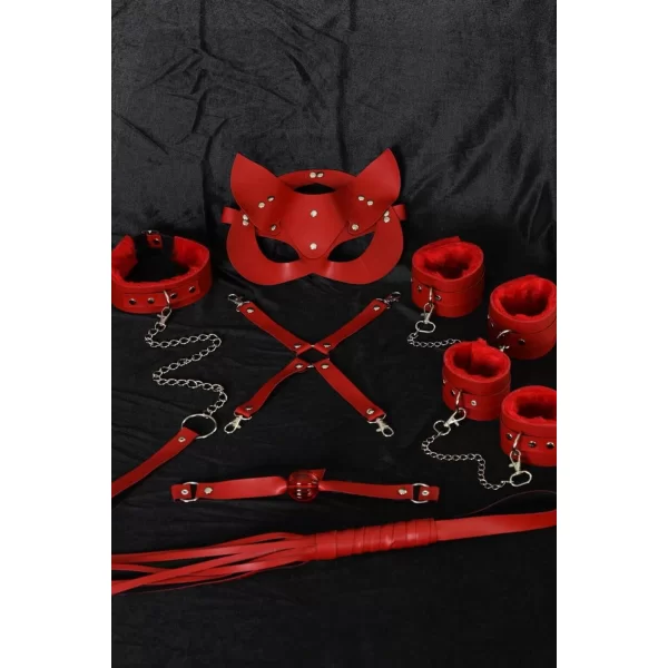 Kırmızı İçi Tüğlü Maske,kol,bacak,ağız Topu,kırbaç,tasma Set 700938