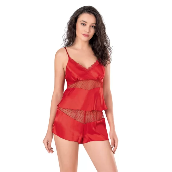 Kırmızı Saten Babydoll Şort Takımı