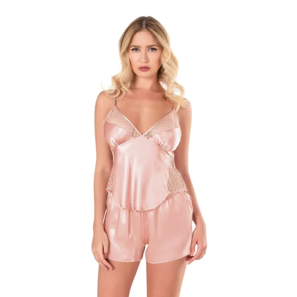 Koyu Pudra Saten Babydoll Şort Takımı