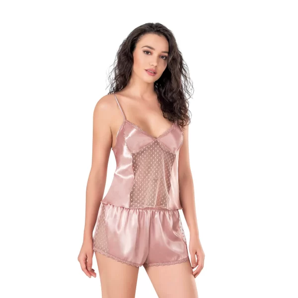 Koyu Pudra Saten Babydoll Şort Takımı