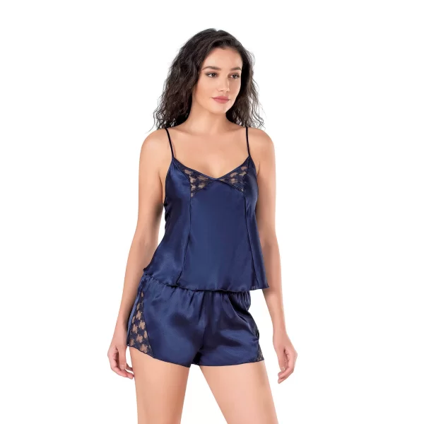 Lacivert Saten Babydoll Şort Takımı