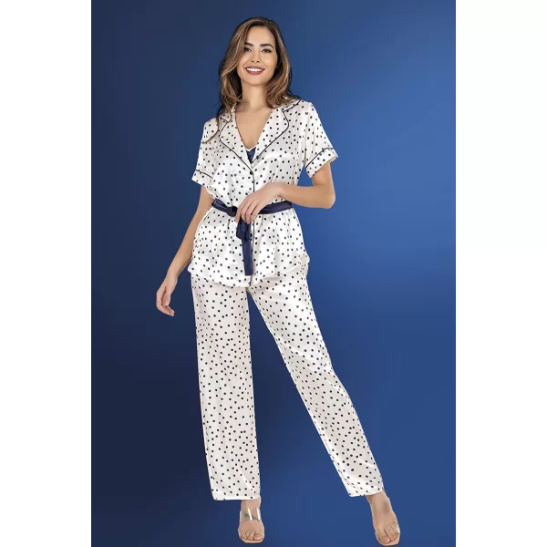 Puantiyeli Saten 3lü Ekru Pijama Takımı