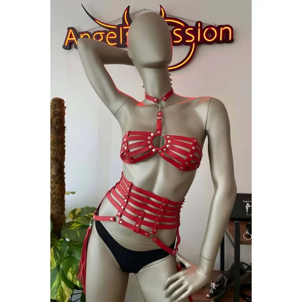 Püskül Detaylı Kırmızı Deri Korse Sütyen Harness Takım