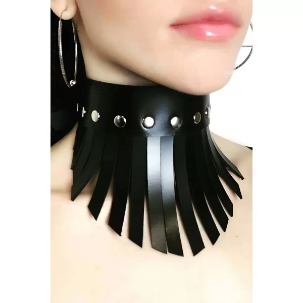 Püsküllü Şık Deri Choker Tasma - Brf658