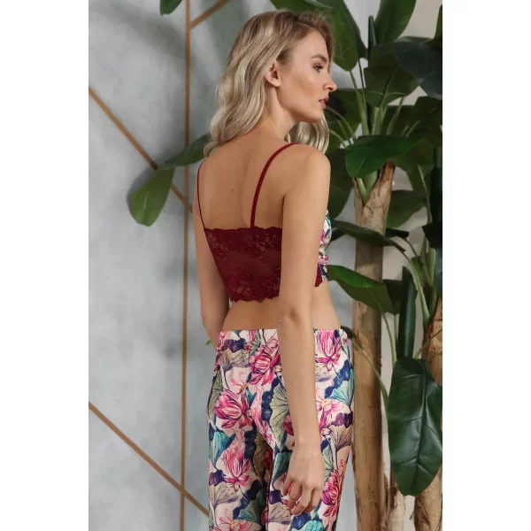 Saten Çiçek Baskılı Sabahlık Balensiz Desteksiz Dolgusuz Dantelli Bralet Sütyen Ve Pantolon Pijama 3 Lü Takım